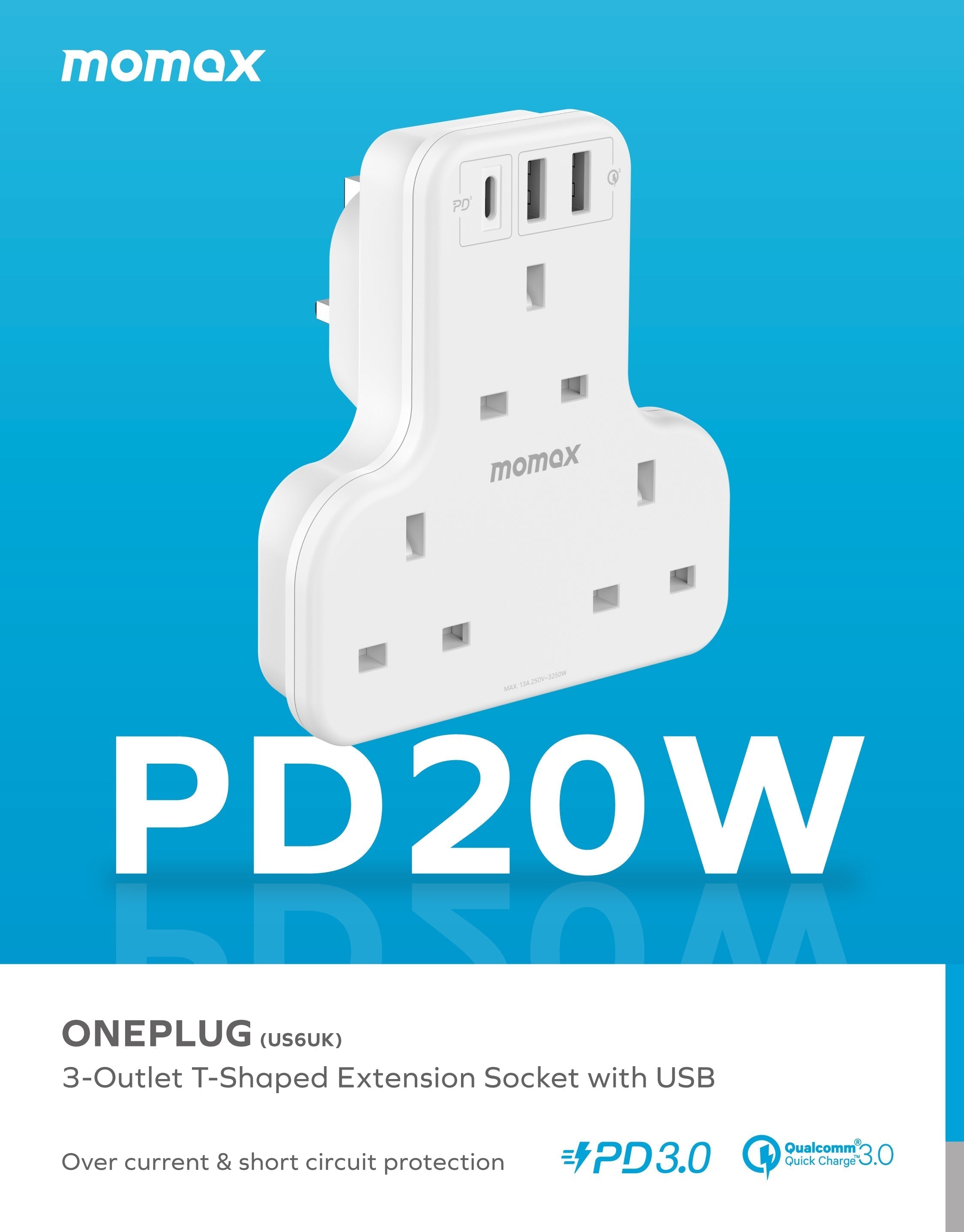 Oneplug 3-Outlet T-Shaped Extension Socket With USB