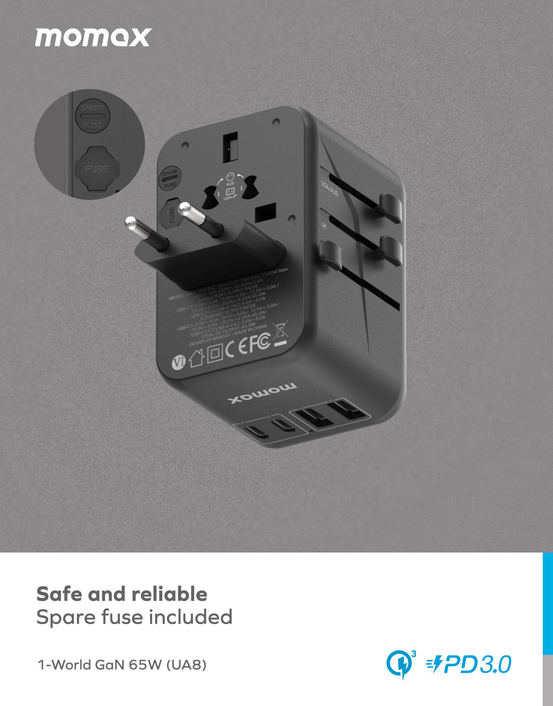 1-World Universal 5-Port Travel GaN Charger 65W