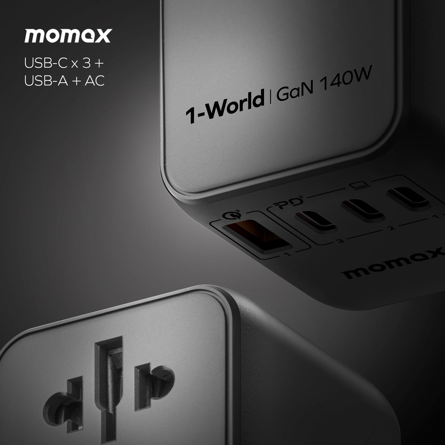 1-World Universal 4-Port Travel GaN Charger 140W + USB-C Cable