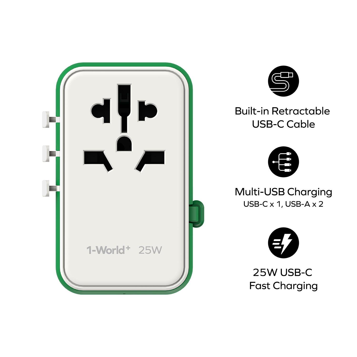 1-World+ 3-Port Travel Charger Built-In USB-C Cable 25W