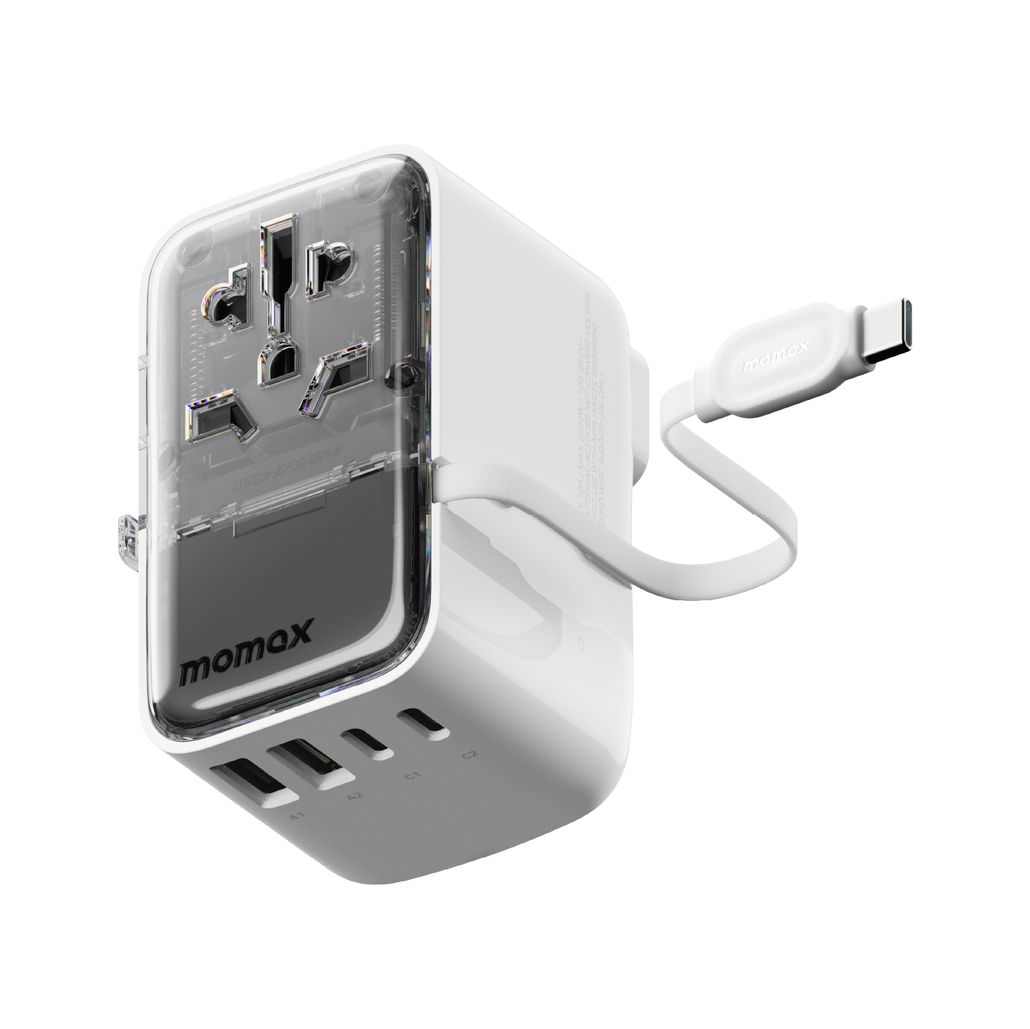 1-World+ Flow 4-Port Travel Charger With Built-In USB-C Cable 35W