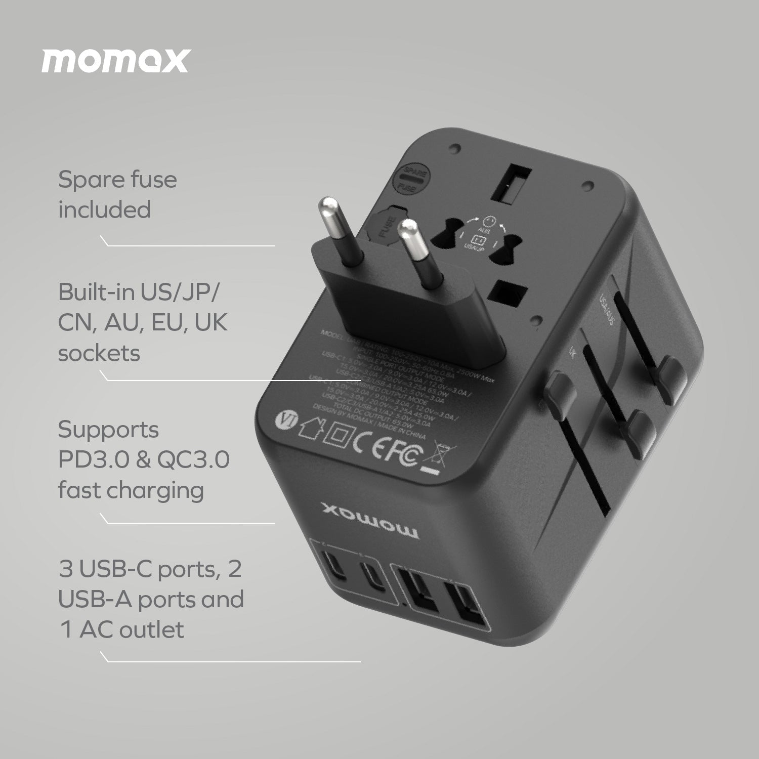 1-World Universal 5-Port Travel GaN Charger 70W