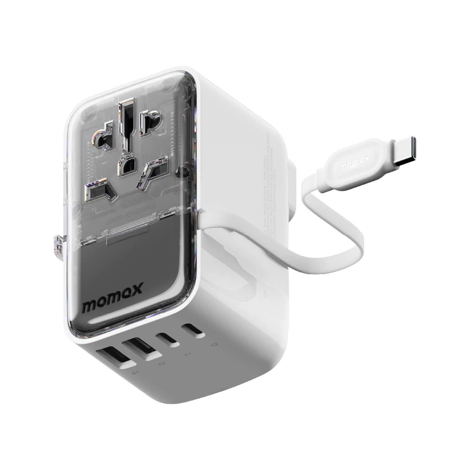 1-World+ Flow  4-Port Travel Charger With Built-In USB-C Cable 35W