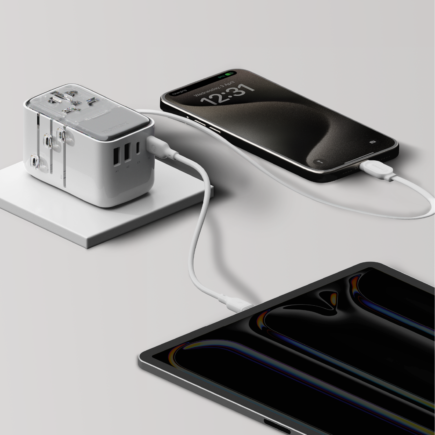 1-World+ Flow  4-Port Travel Charger With Built-In USB-C Cable 35W