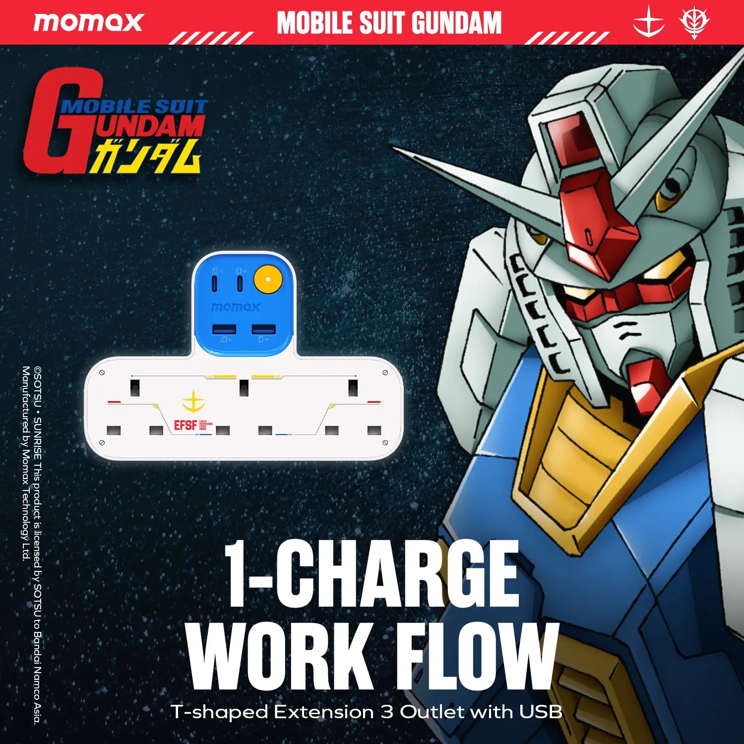 1-Charge Work Flow T-Shaped Extension Cord With 3 Sockets, 2 USB-A and 2 USB-C Ports - Limited Edition