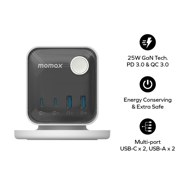 1-Charge Work Flow 3-Outlet GaN Power Cube 25W with USB Ports