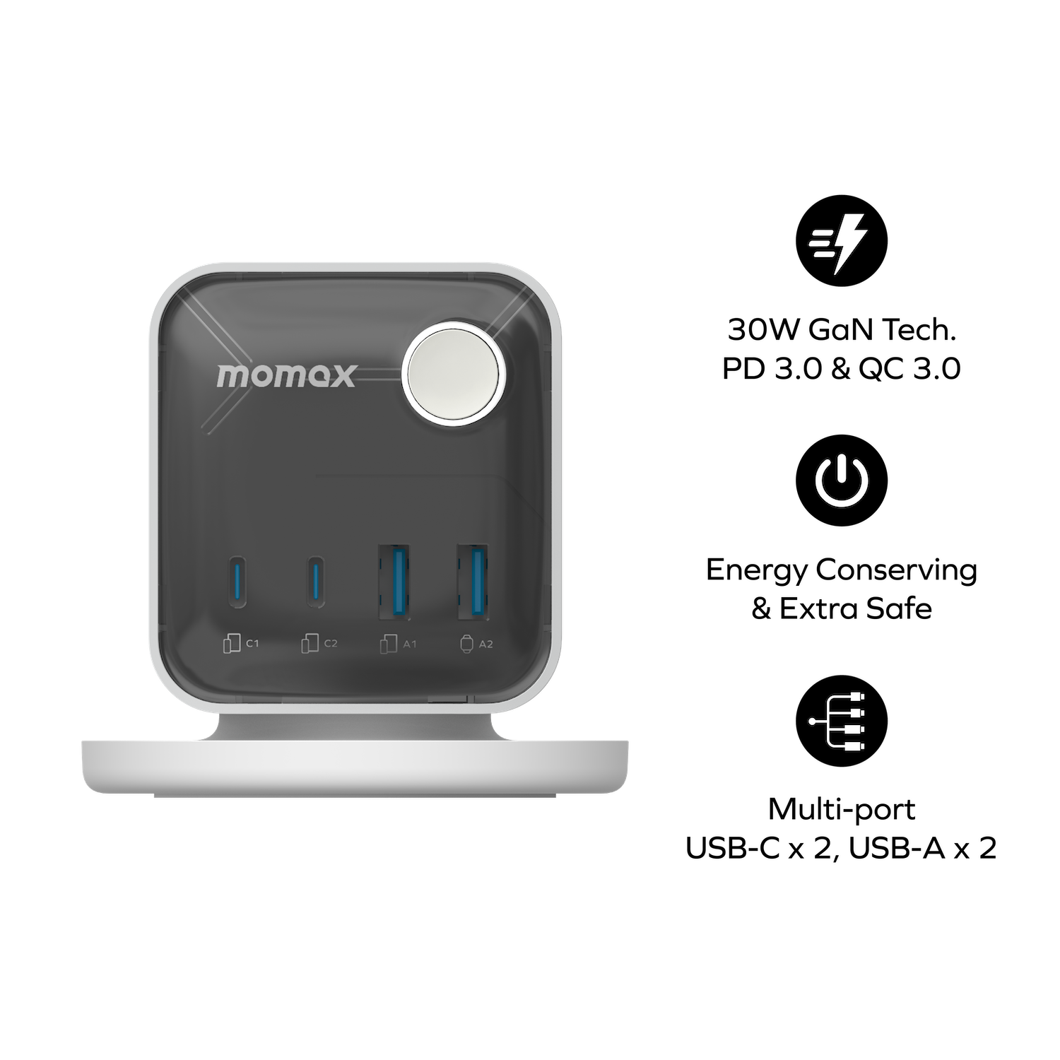 1-Charge Work Flow 3-Outlet GaN Power Cube 30W with USB Ports