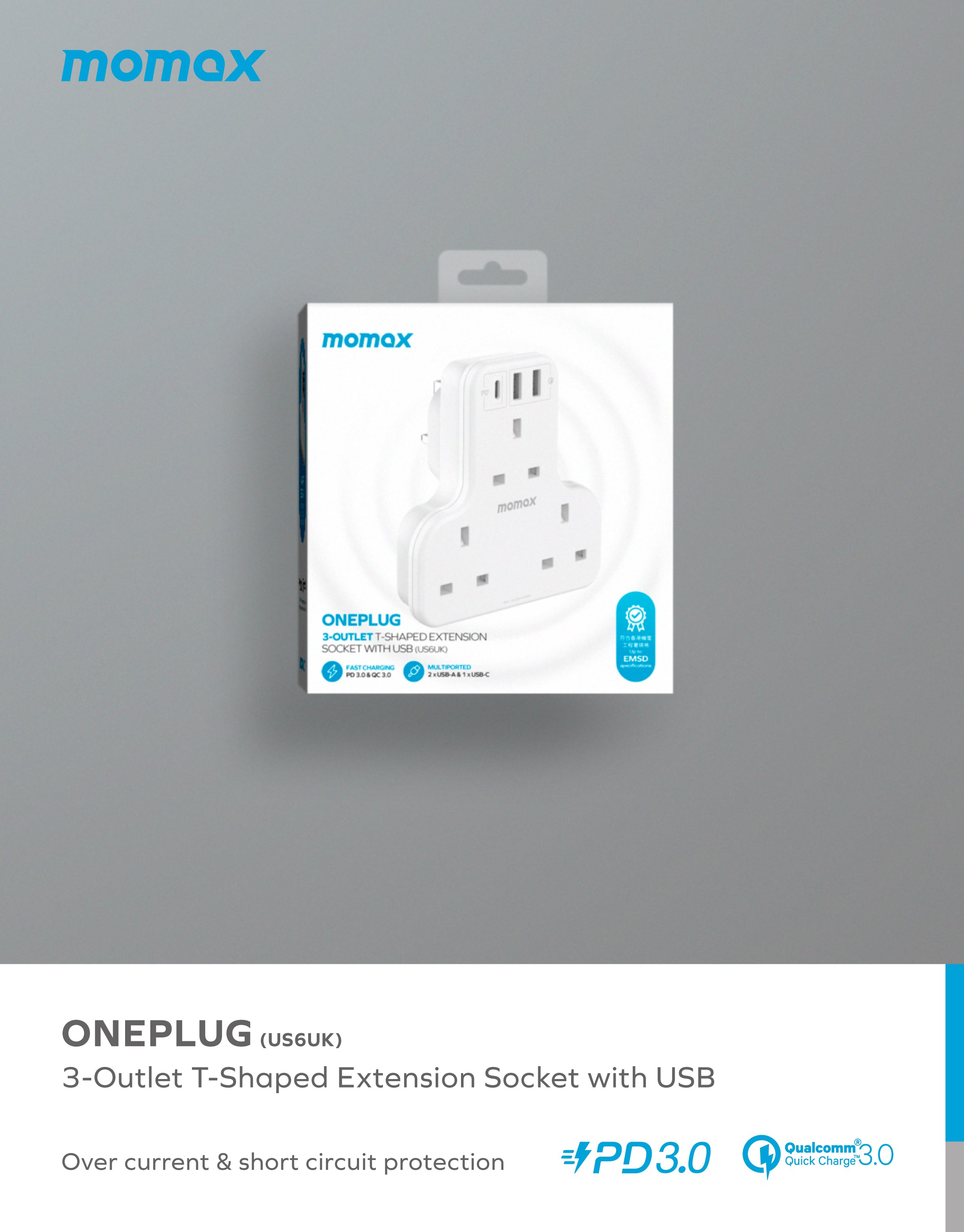 Oneplug 3-Outlet T-Shaped Extension Socket With USB