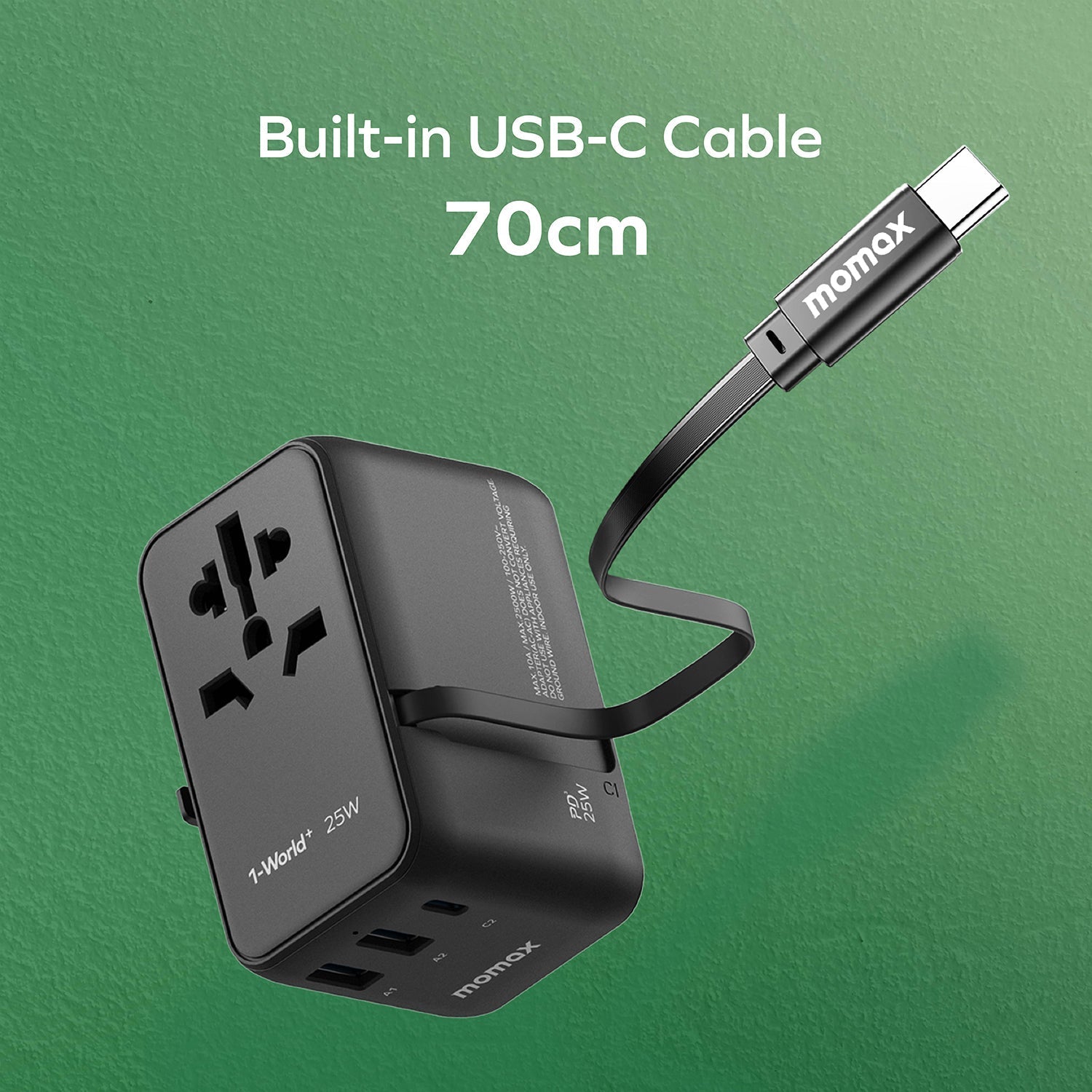 1-World+ 3-Port Travel Charger Built-In USB-C Cable 25W